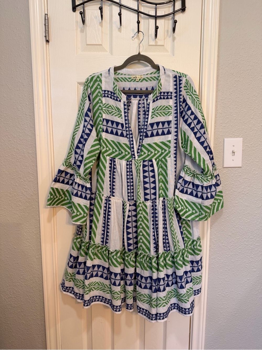 Midi Dress in Green & Blue Geometric Print